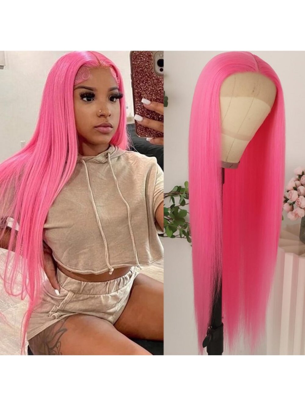 30" Pink Lace Front Wig - Pre-Plucked Long Straight Heat Resistant Synthetic